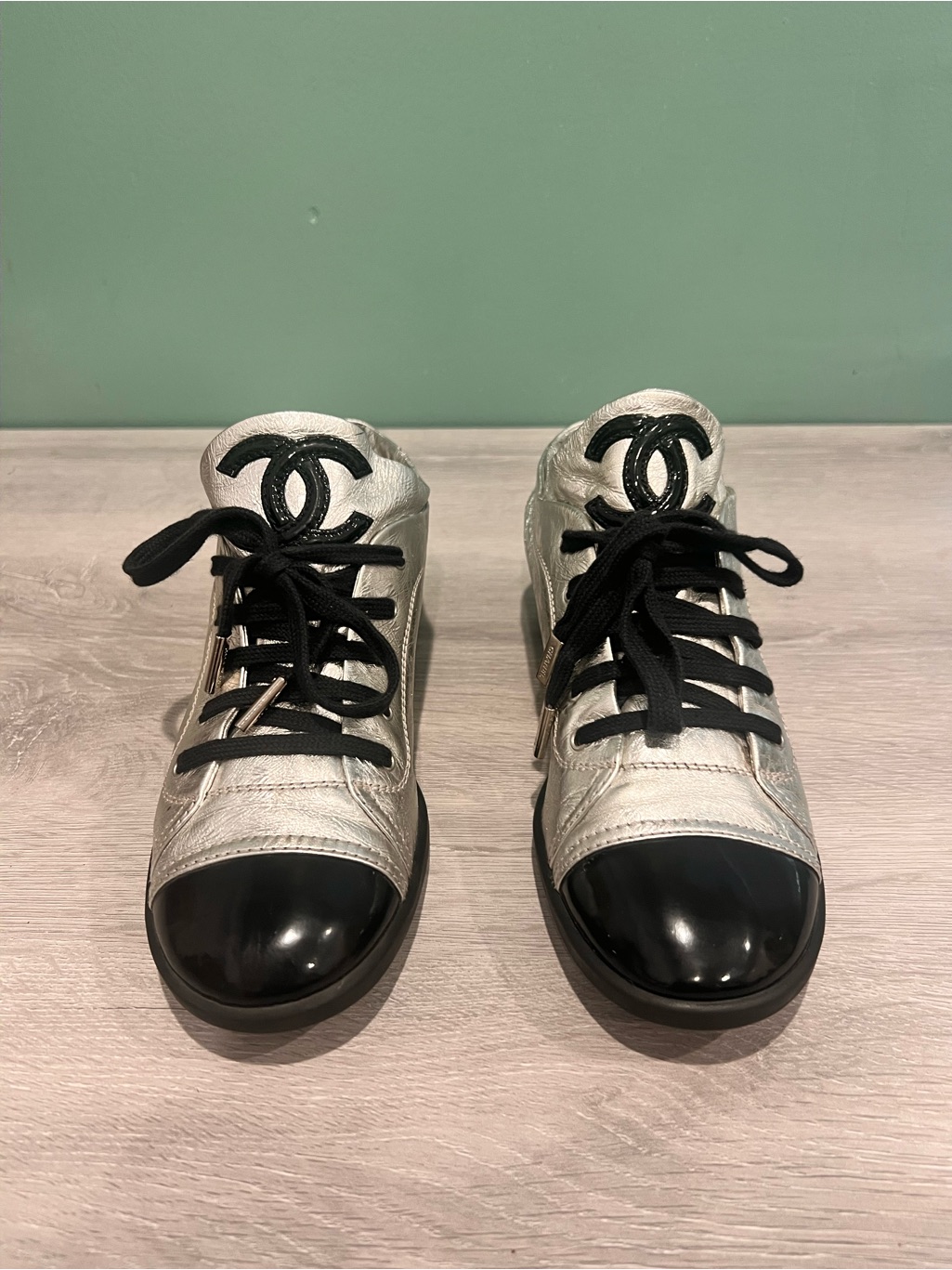 Chanel Silver And Black Low-Top Lace-Up Sneaker